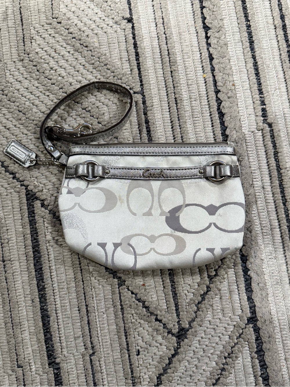 Coach Metallic Silver & Cream Signature Wristlet